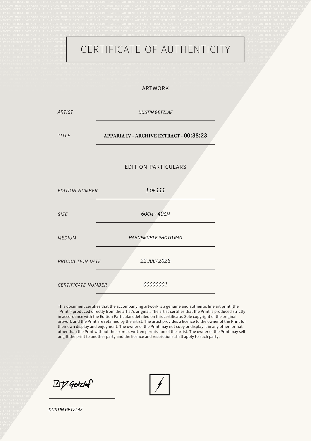 Apparia IV - Archive Extract - 00:38:23 — Certificate of Authenticity